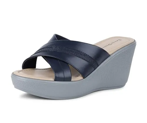 LOUIS STITCH Stylish Blue Wedge Heel Sandals for Women - Cross Textured Striped Design (LD08-WGCSBU105)