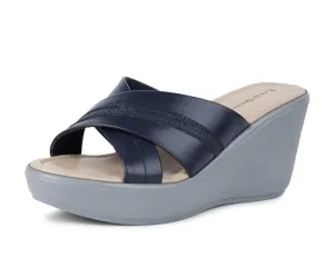 LOUIS STITCH Stylish Blue Wedge Heel Sandals for Women - Cross Textured Striped Design (LD08-WGCSBU105)