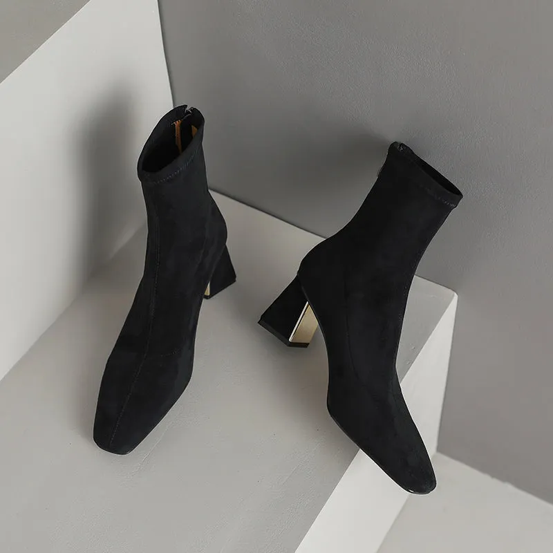 Mae Black Square Toe Sock Ankle Boots