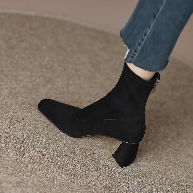 Mae Black Square Toe Sock Ankle Boots