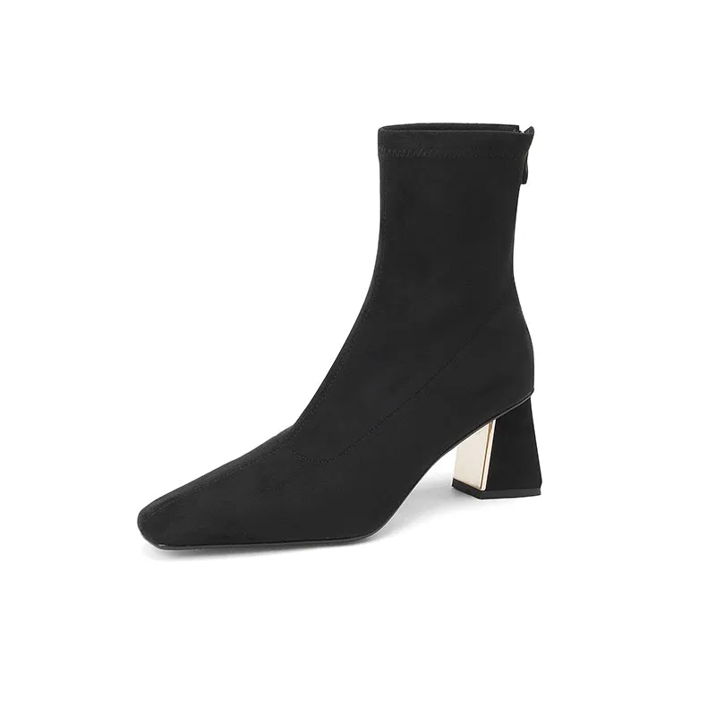 Mae Black Square Toe Sock Ankle Boots