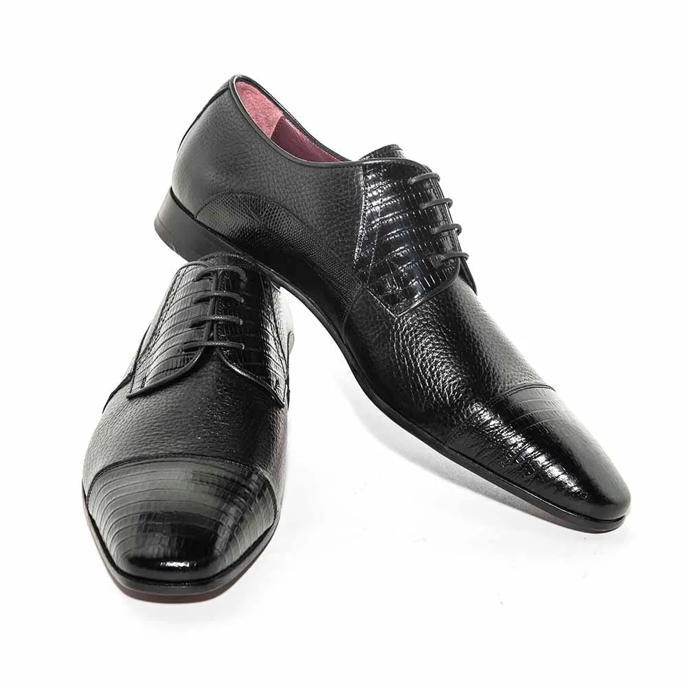 Mario Manzoni Black Genuine Deer Skin & Lizard Print Oxford Shoes