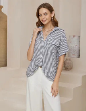 Melia Scoop Front Short Sleeve Shirt in Grey Stripe