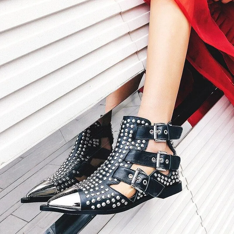 Metal Studded Rivets Pointy Toe Buckle Straps Ankle Boots