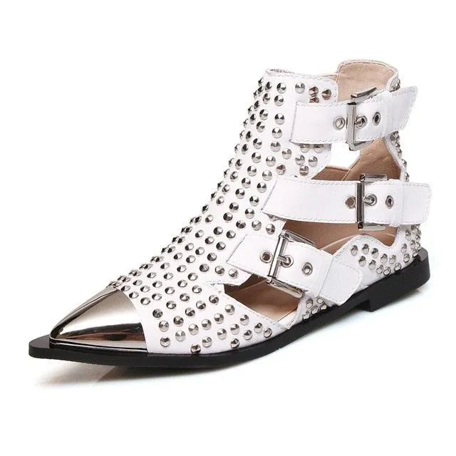 Metal Studded Rivets Pointy Toe Buckle Straps Ankle Boots