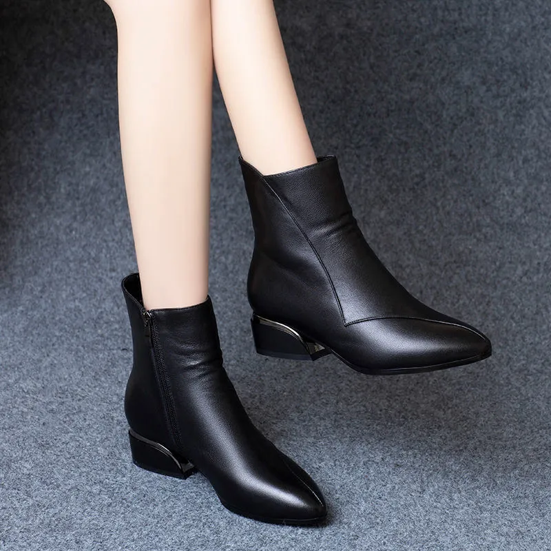 New Autumn Winter Genuine Leather Retro Square Toe Zipper Ankle Boots Square Heel