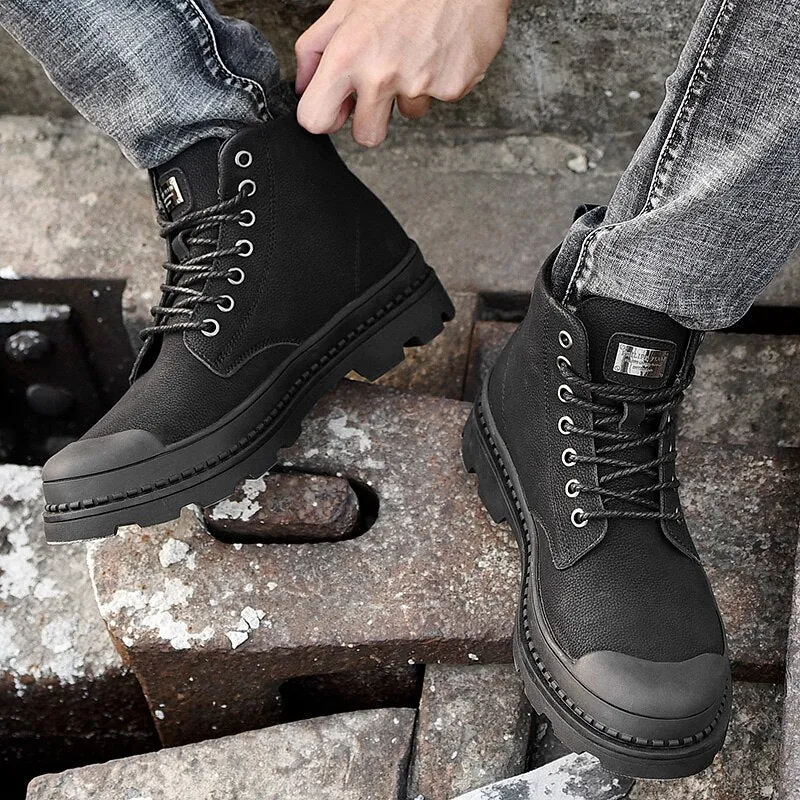 New Fashion Black Men's Martin Boots Genuine Leather Ankle Boots For Male Winter Plus Fur Walking Work Men Boots botas de homens