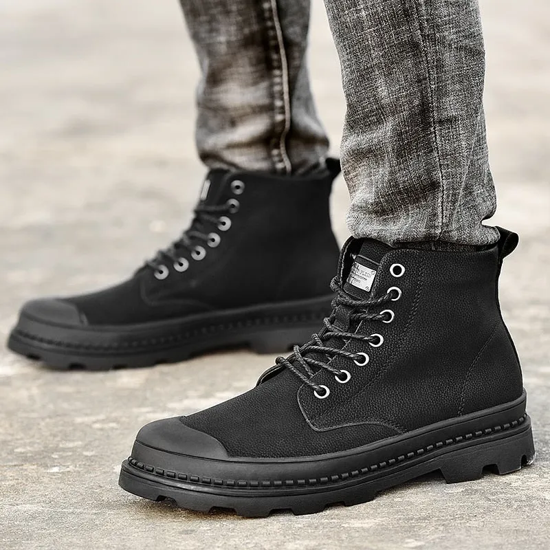 New Fashion Black Men's Martin Boots Genuine Leather Ankle Boots For Male Winter Plus Fur Walking Work Men Boots botas de homens