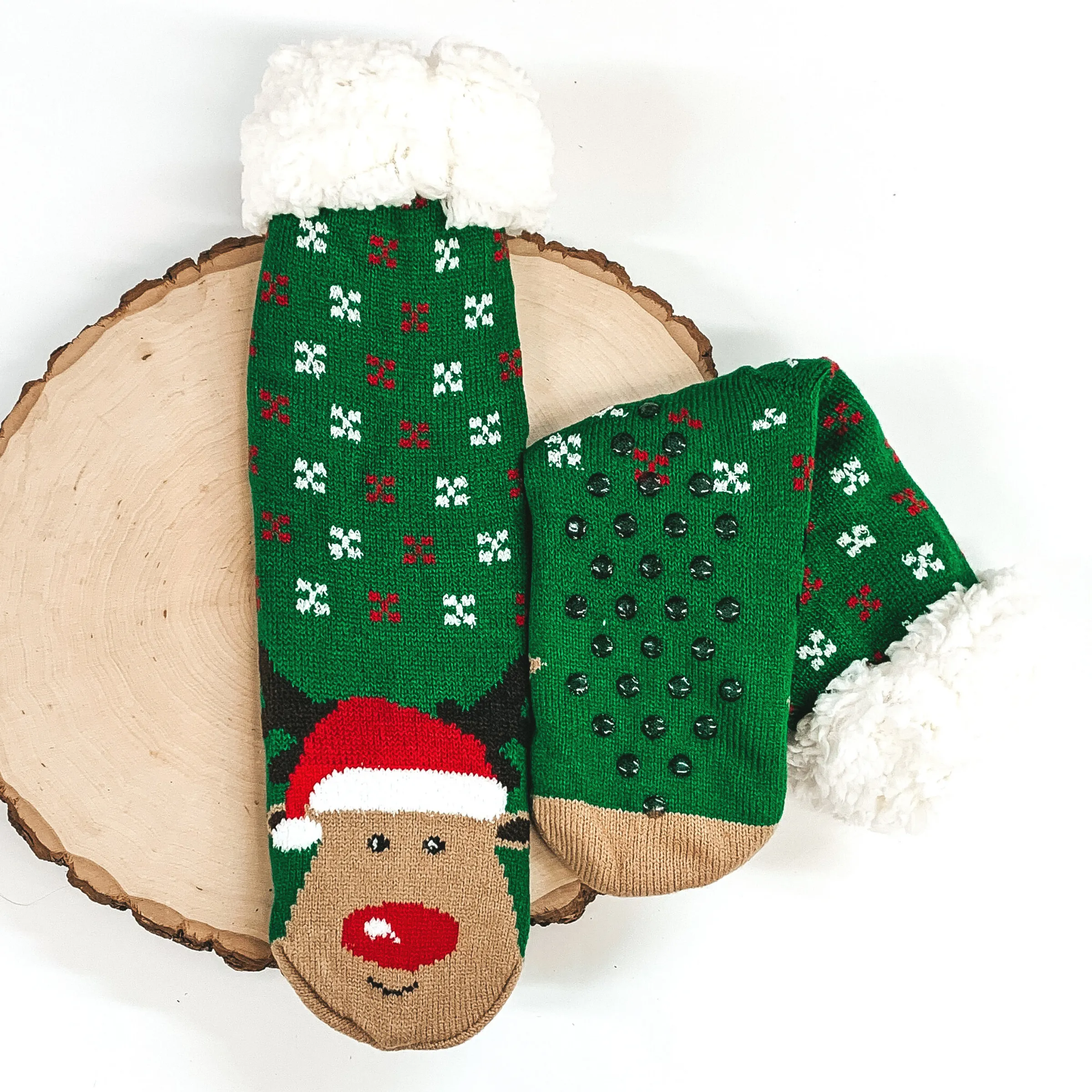 Plush Sherpa Reindeer Slipper Socks in Green