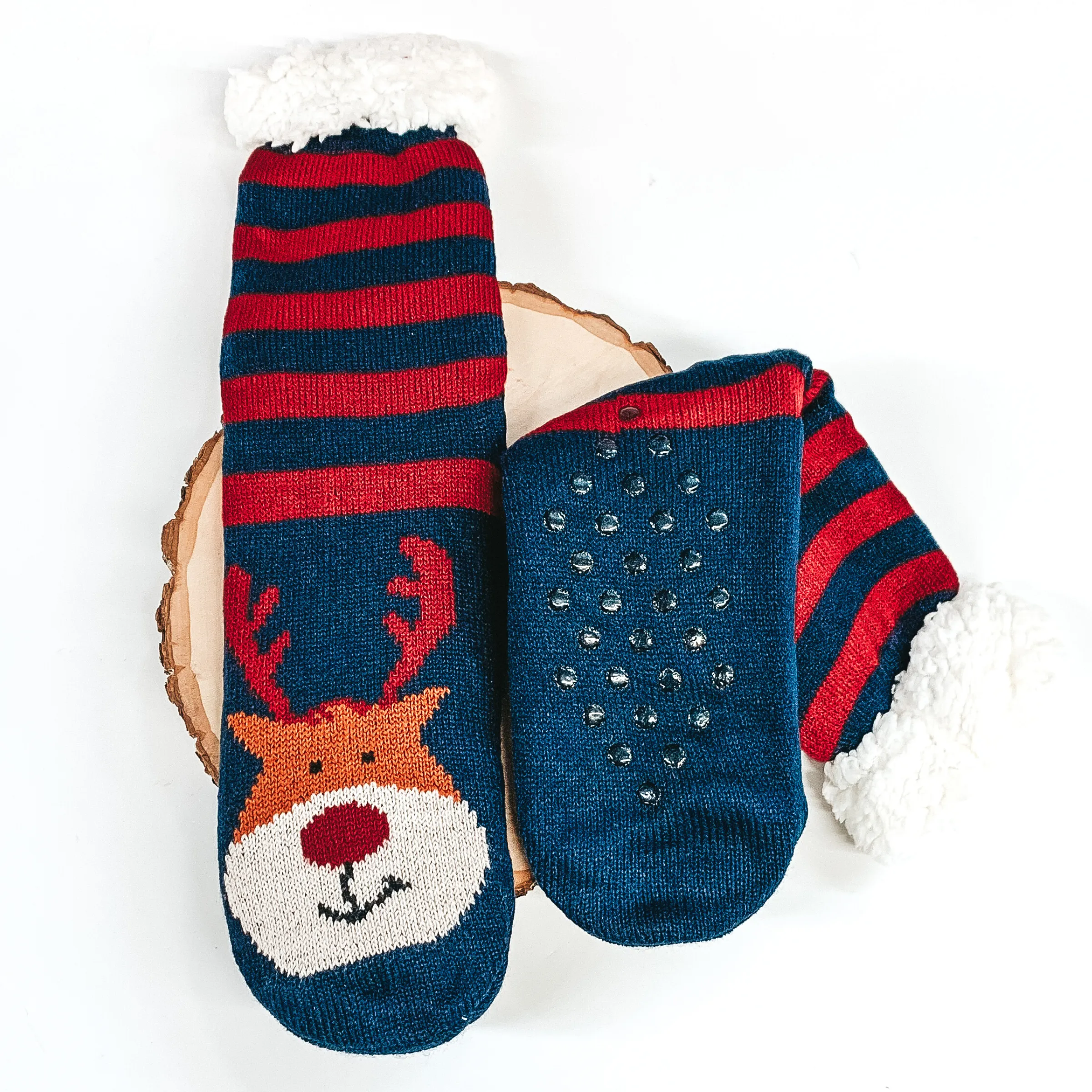 Plush Sherpa Reindeer Slipper Socks in Navy