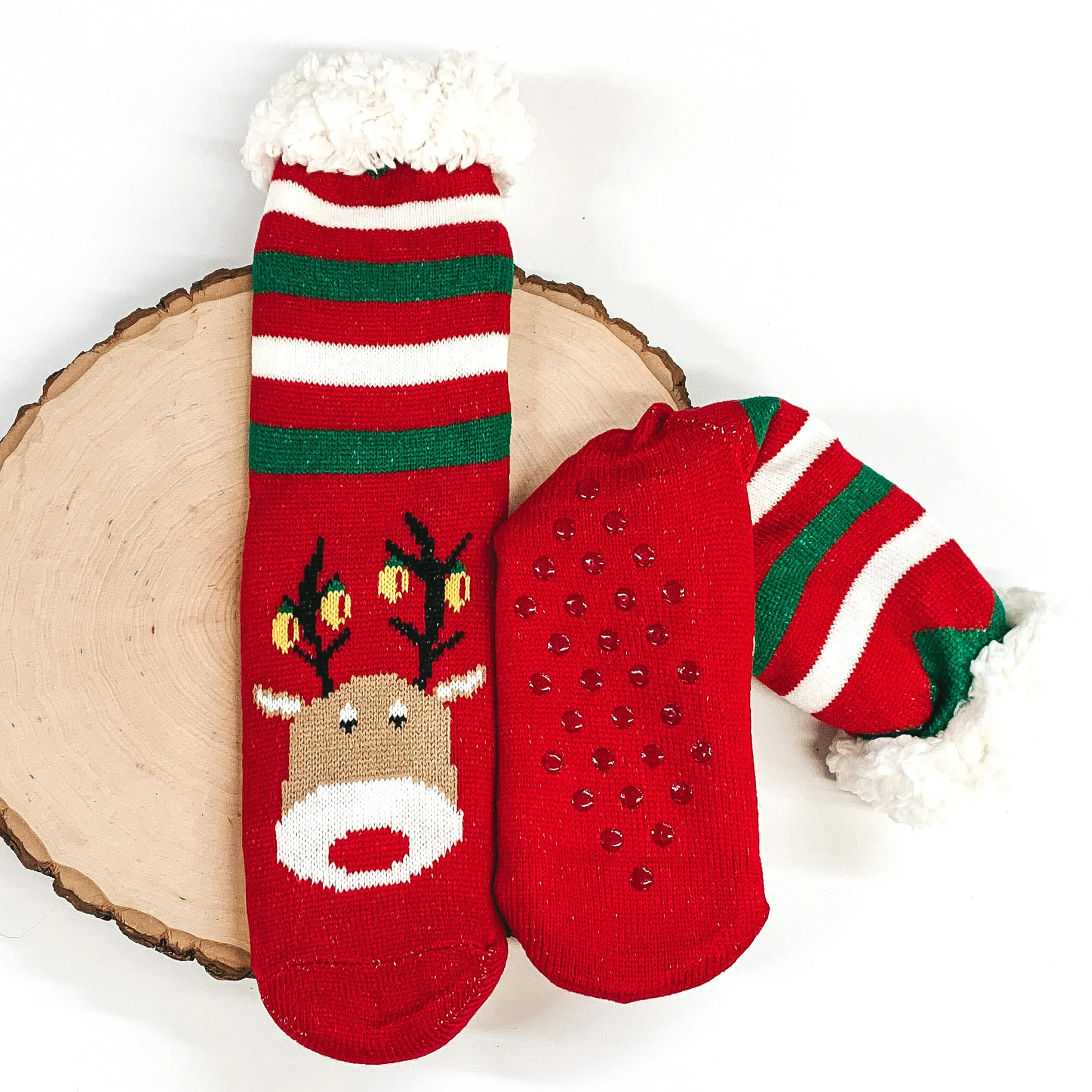 Plush Sherpa Reindeer Slipper Socks in Red