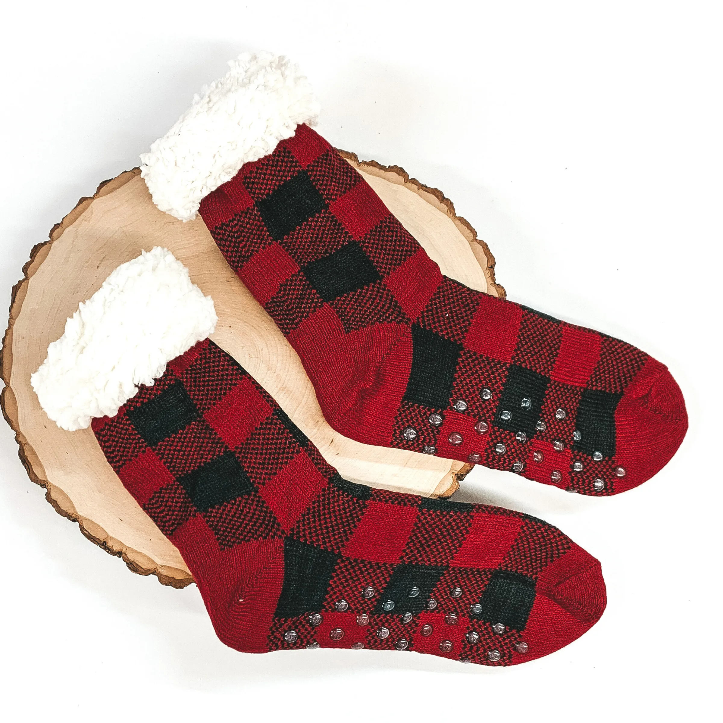 Plush Sherpa Slipper Socks in Red Buffalo Plaid