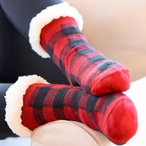 Plush Sherpa Slipper Socks in Red Buffalo Plaid