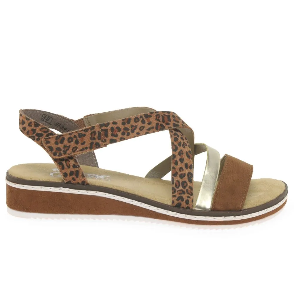 Rieker Leopard Print Strap Sandals in Brown & Gold