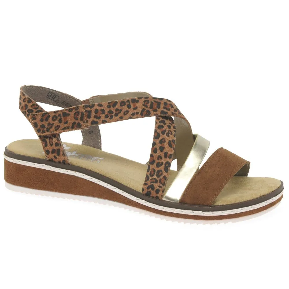 Rieker Leopard Print Strap Sandals in Brown & Gold