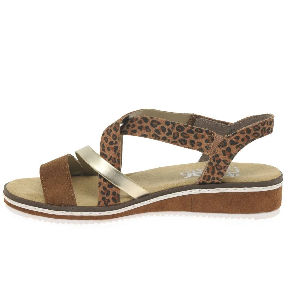 Rieker Leopard Print Strap Sandals in Brown & Gold