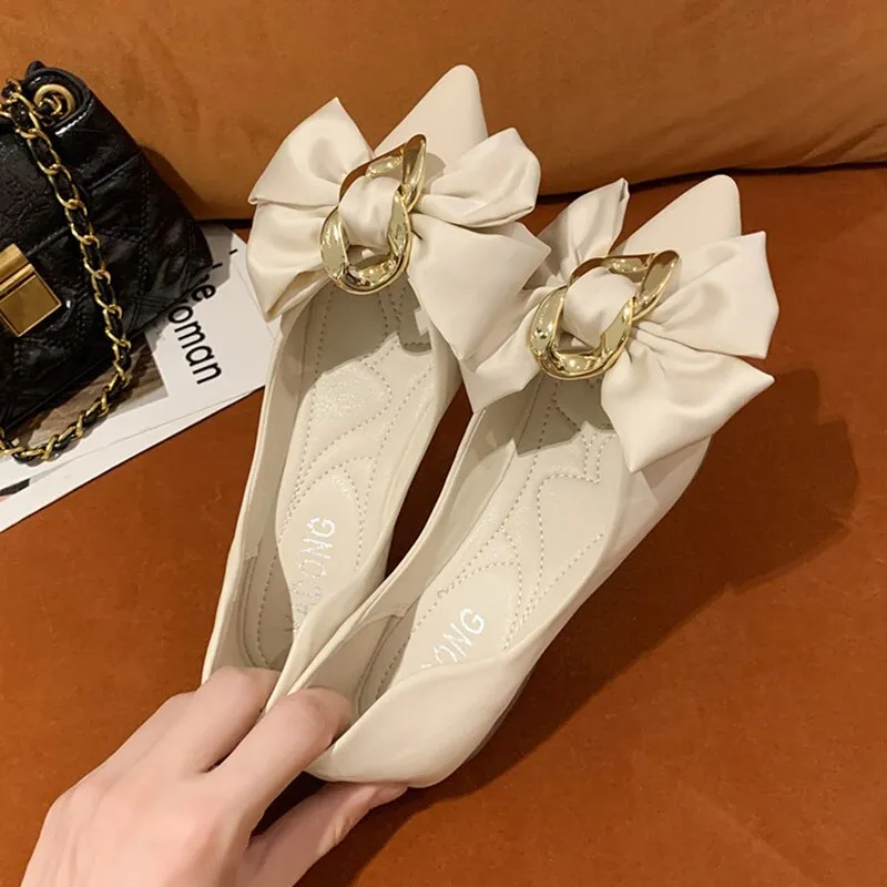 Rimocy Fashion Metal Decoration Bow Flats Women  New Pointed Toe Slip-on Pumps Woman Comfortable Soft Bottom Office Shoes