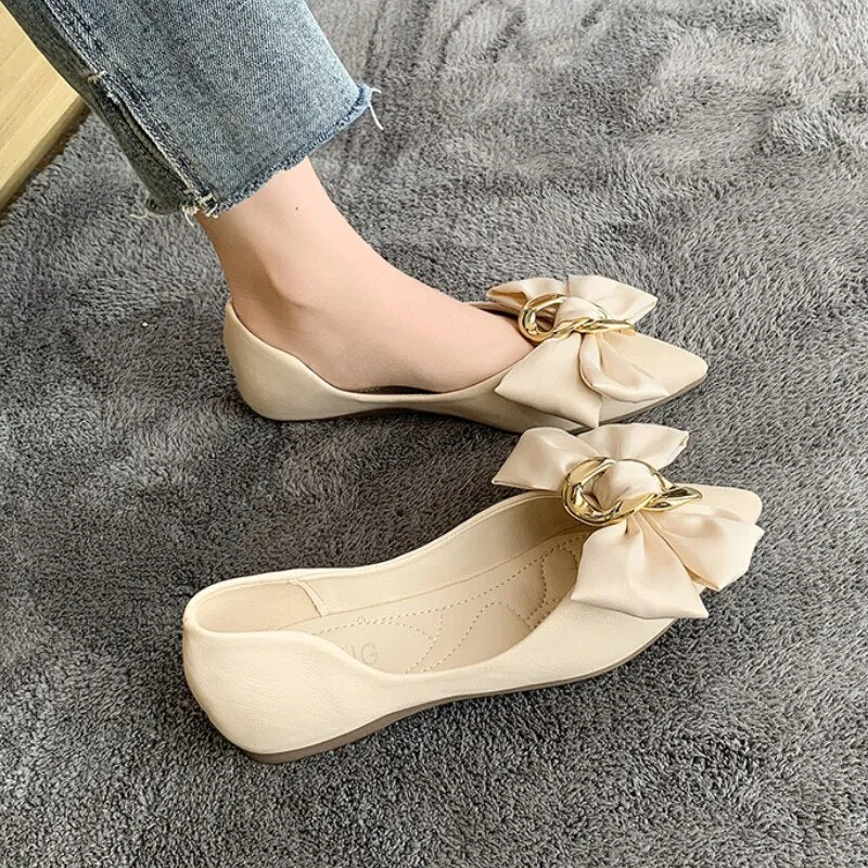 Rimocy Fashion Metal Decoration Bow Flats Women  New Pointed Toe Slip-on Pumps Woman Comfortable Soft Bottom Office Shoes