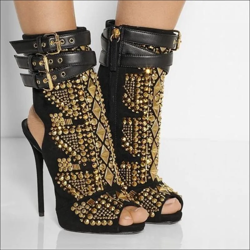 Slingback Fish Mouth High-heel Sandals with Multi-buckle Rhinestones