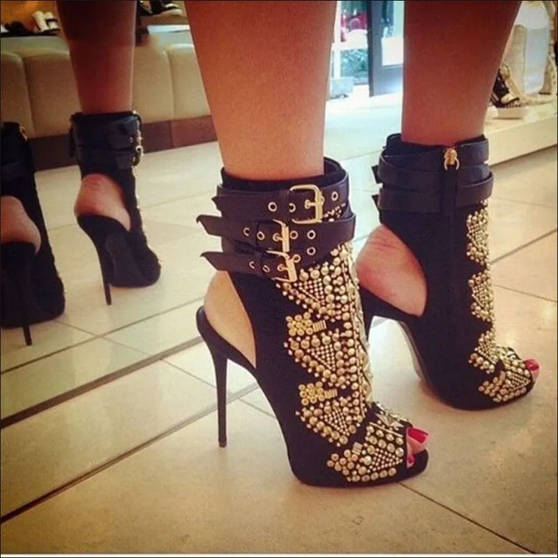 Slingback Fish Mouth High-heel Sandals with Multi-buckle Rhinestones