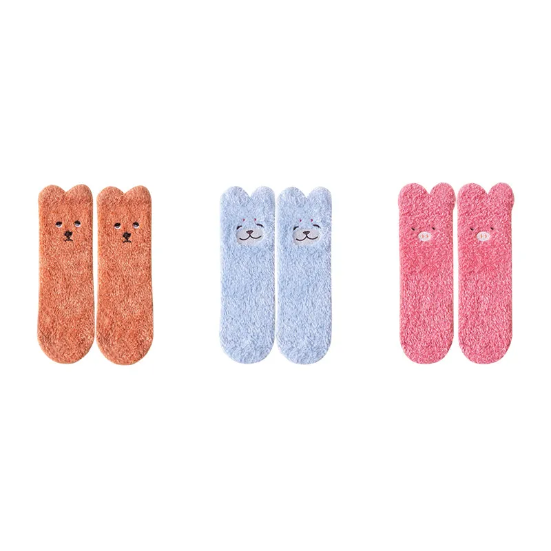 Sweetnana 3-Pack Cozy Ankle Socks for Women, Animal World Series, Non-Slip, Super Soft Fuzzy Lounge Wear Slipper Socks, Thickened Winter Stockings