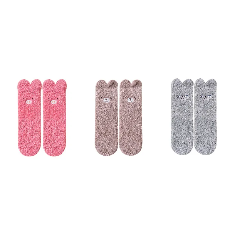 Sweetnana 3-Pack Cozy Ankle Socks for Women, Animal World Series, Non-Slip, Super Soft Fuzzy Lounge Wear Slipper Socks, Thickened Winter Stockings