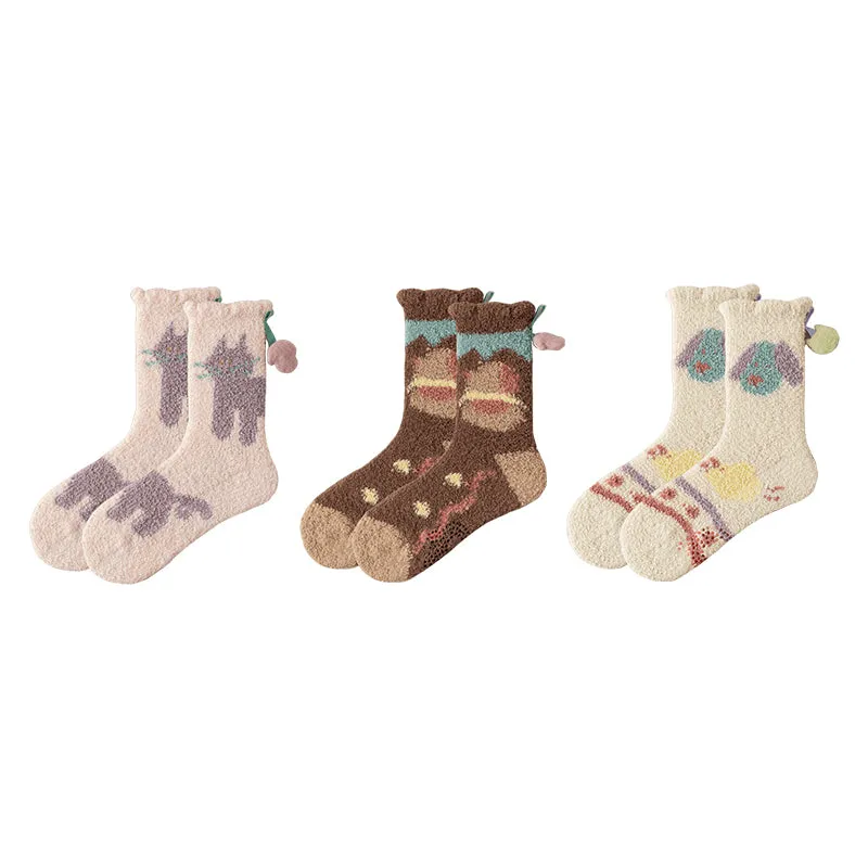 Sweetnana 3-Pack Cozy Crew Socks for Women - Cute Cats and Dogs Series Fuzzy Socks - Perfect for Colorful Lounge Wear, Winter & Slipper Stockings