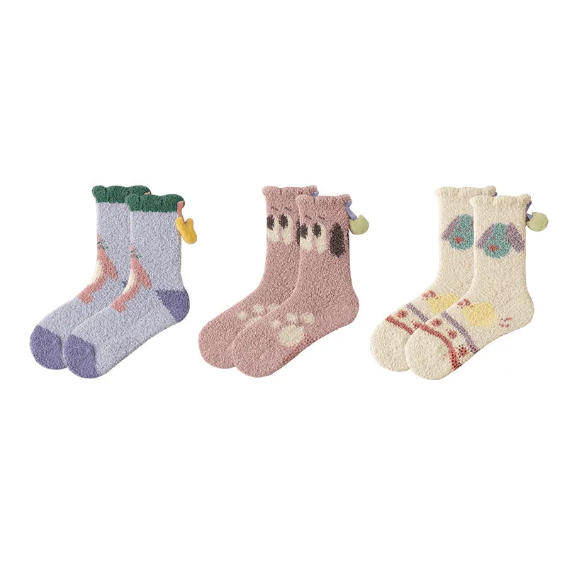 Sweetnana 3-Pack Cozy Crew Socks for Women - Cute Cats and Dogs Series Fuzzy Socks - Perfect for Colorful Lounge Wear, Winter & Slipper Stockings