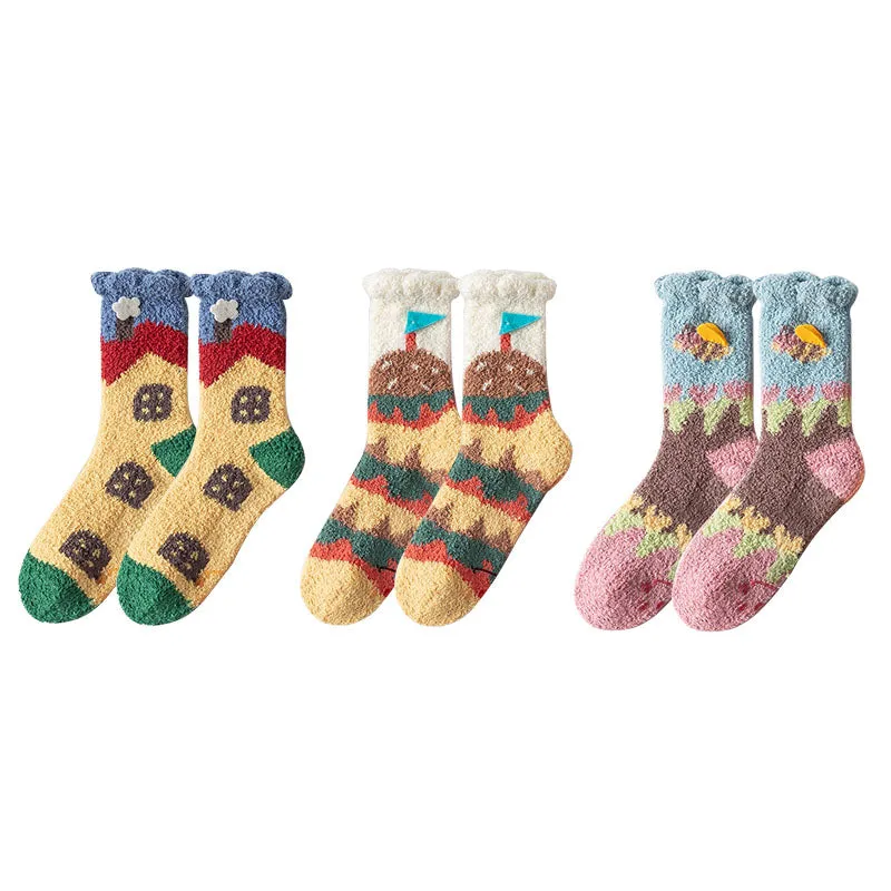 Sweetnana 3-Pack Women’s Cozy Crew Socks – Super Soft Anti-Slip Slipper Socks, Fuzzy and Cute, Perfect for Winter Lounge Wear, Garden Party Series