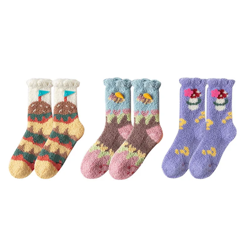 Sweetnana 3-Pack Women’s Cozy Crew Socks – Super Soft Anti-Slip Slipper Socks, Fuzzy and Cute, Perfect for Winter Lounge Wear, Garden Party Series