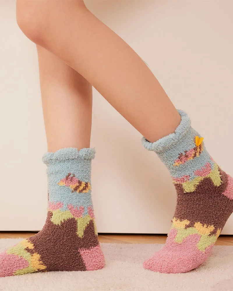 Sweetnana Women’s Cozy Crew Socks – Fuzzy, Super Soft Slipper Socks with Garden Party Patterns, Perfect for Winter Warmth