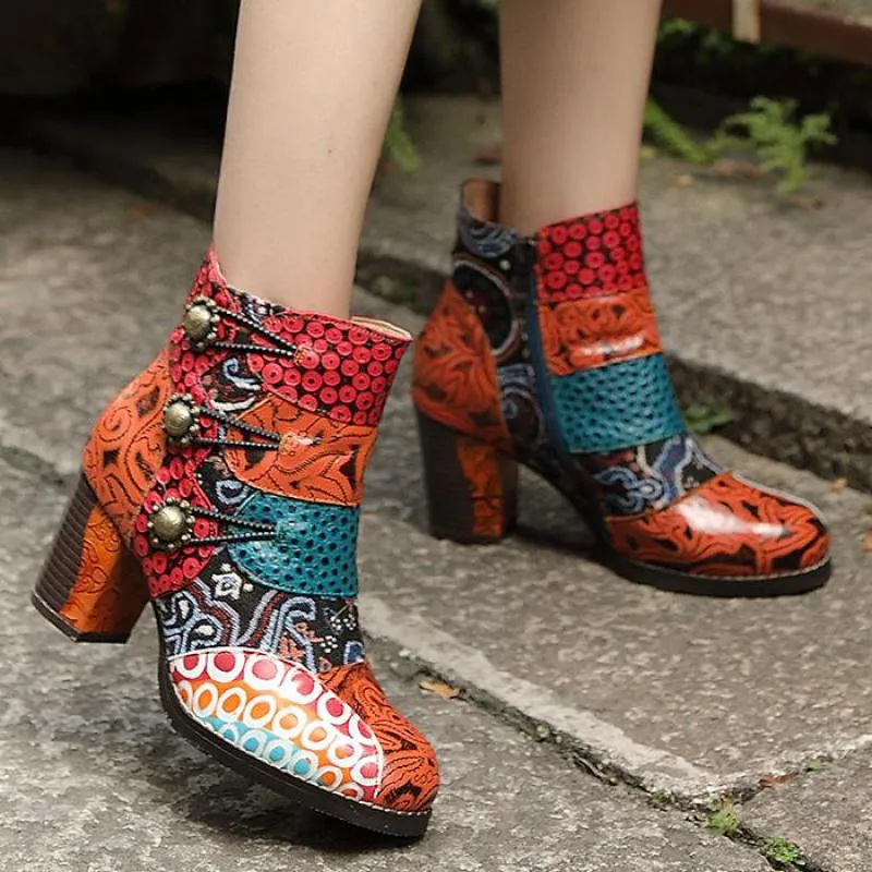 Tanned Cowhide Patchwork Round Toe Ankle Boots