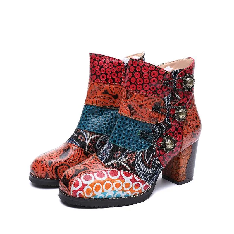 Tanned Cowhide Patchwork Round Toe Ankle Boots