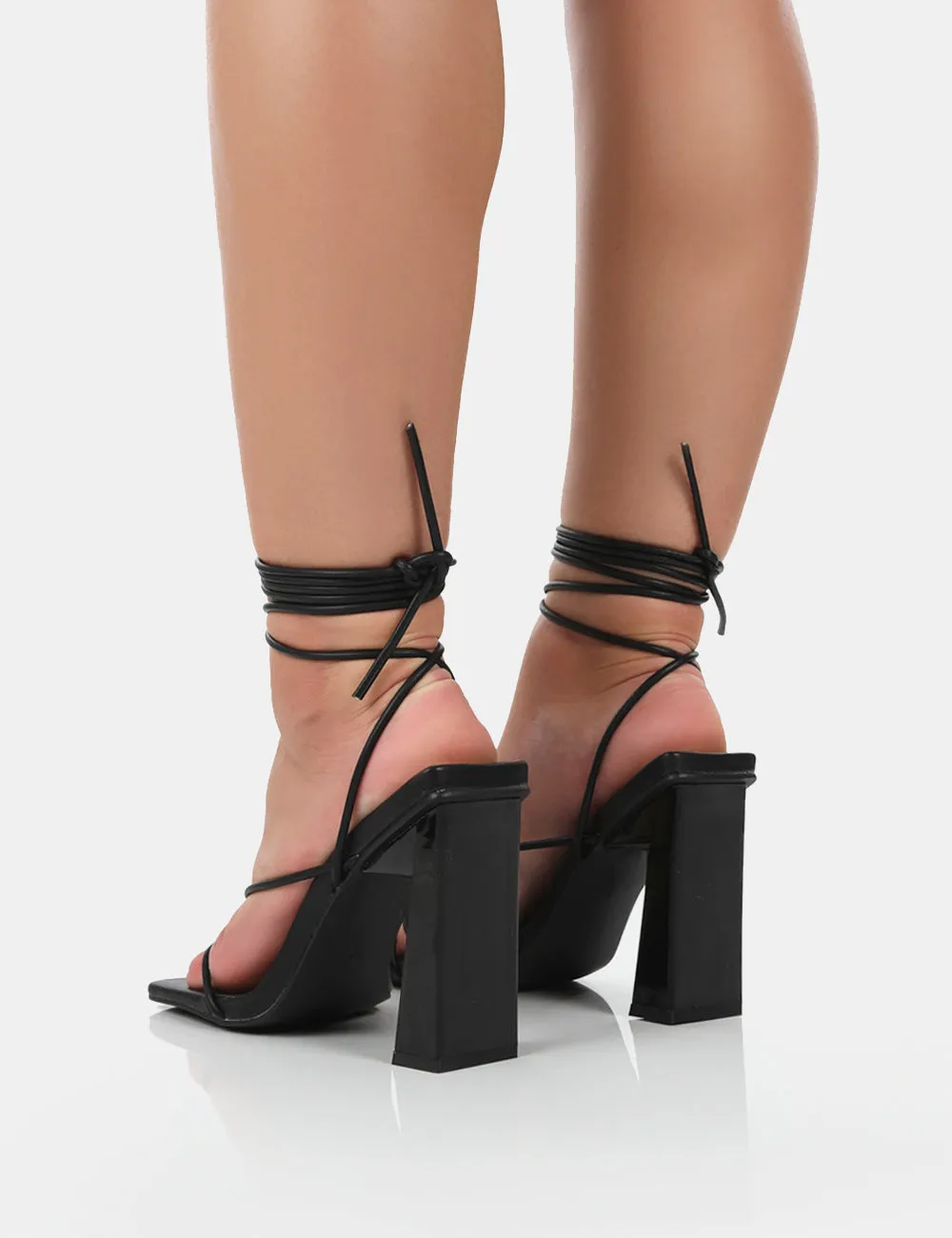 Viva Wide Fit Black Pu Square Toe Strappy Lace Up Stiletto Thin Block Heels