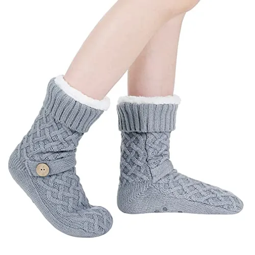 Winter Womens Warm Fluffy Fleece Lining Slipper Socks, Soft Cozy Fuzzy Thick Sherpa Christmas Socks with Non-Slip Grippers for ladies Gifts