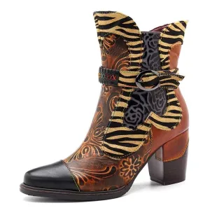 Women's Retro Printed Cowgirl Ankle Boots - Brown,Wine Red