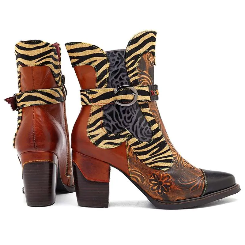 Women's Retro Printed Cowgirl Ankle Boots - Brown,Wine Red