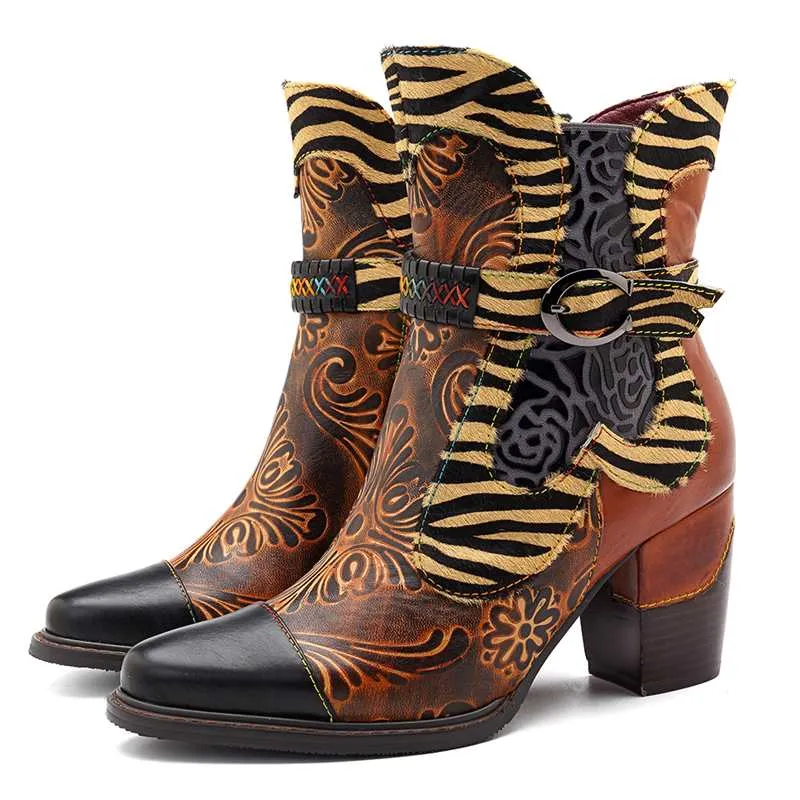 Women's Retro Printed Cowgirl Ankle Boots - Brown,Wine Red