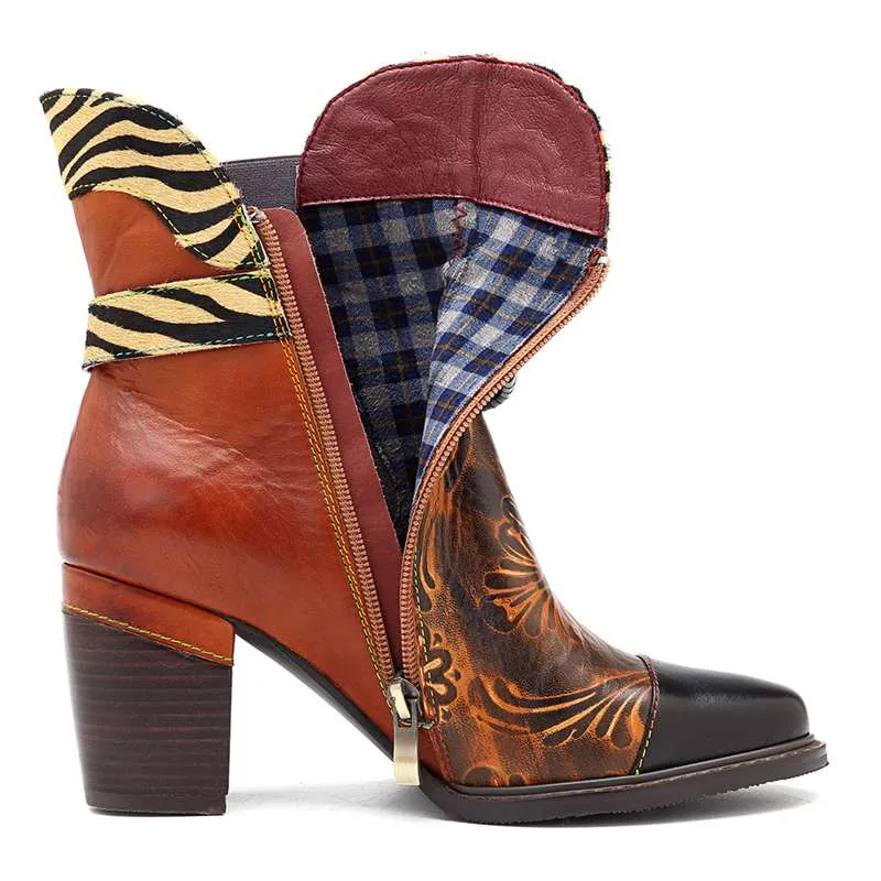 Women's Retro Printed Cowgirl Ankle Boots - Brown,Wine Red