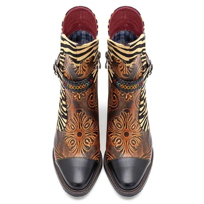 Women's Retro Printed Cowgirl Ankle Boots - Brown,Wine Red