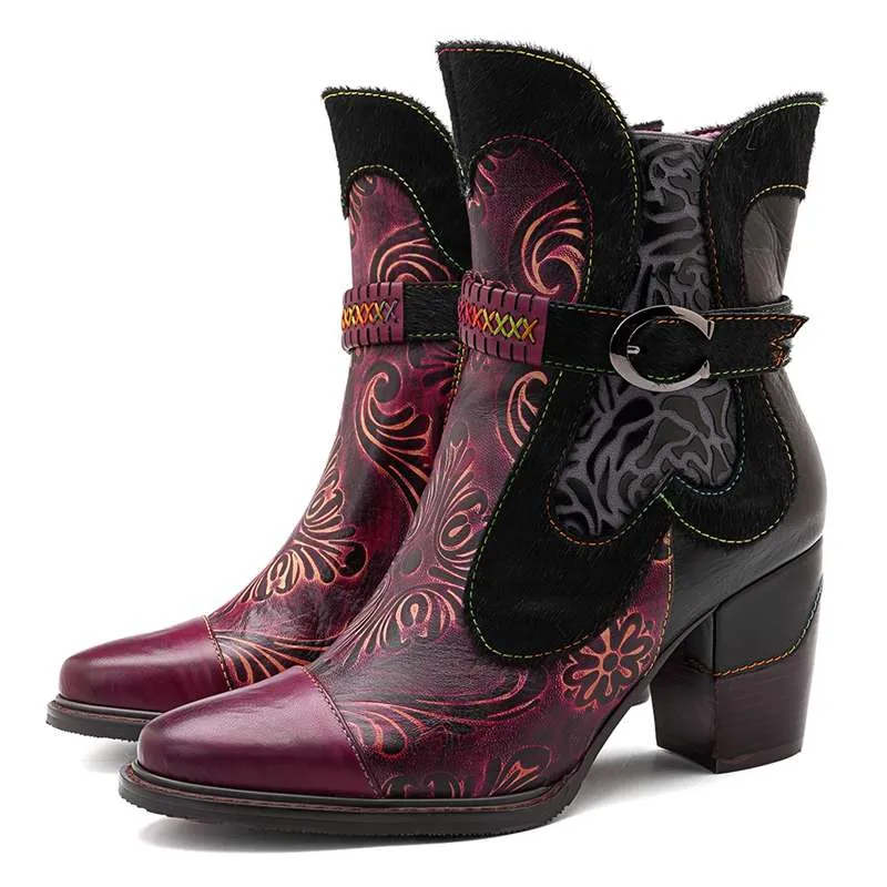 Women's Retro Printed Cowgirl Ankle Boots - Brown,Wine Red