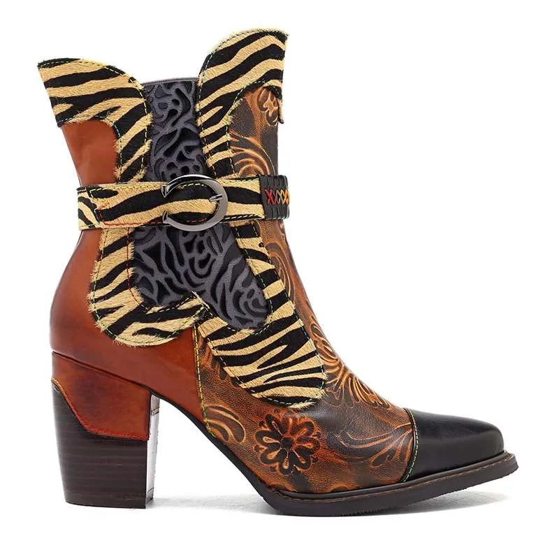 Women's Retro Printed Cowgirl Ankle Boots - Brown,Wine Red