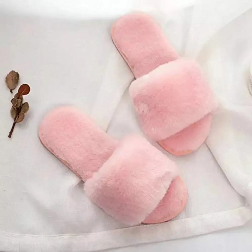 Women's Stylish Comfy Solid Pink Fur Open-Toe Slides