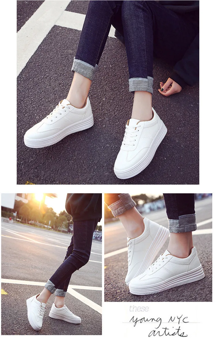 Women's White Flat Sneakers Outdoor Soft Lace Up Jogging Shoes for Student Split Leather Comfortable Women Chunky Sneaker