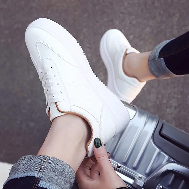 Women's White Flat Sneakers Outdoor Soft Lace Up Jogging Shoes for Student Split Leather Comfortable Women Chunky Sneaker