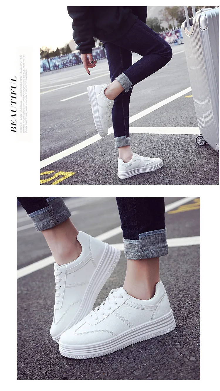 Women's White Flat Sneakers Outdoor Soft Lace Up Jogging Shoes for Student Split Leather Comfortable Women Chunky Sneaker