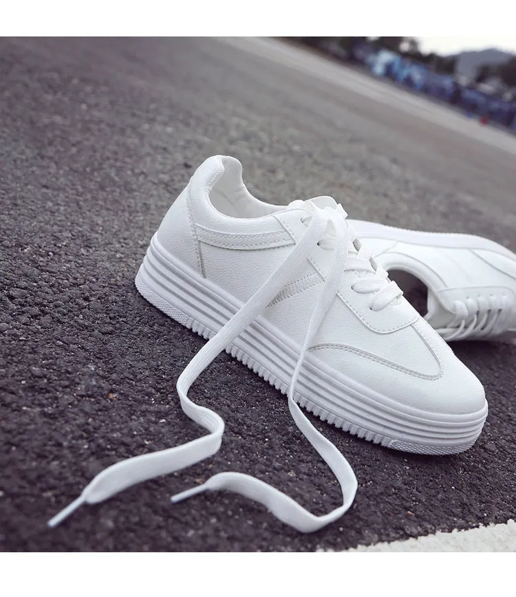 Women's White Flat Sneakers Outdoor Soft Lace Up Jogging Shoes for Student Split Leather Comfortable Women Chunky Sneaker