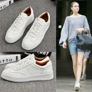 Women's White Flat Sneakers Outdoor Soft Lace Up Jogging Shoes for Student Split Leather Comfortable Women Chunky Sneaker