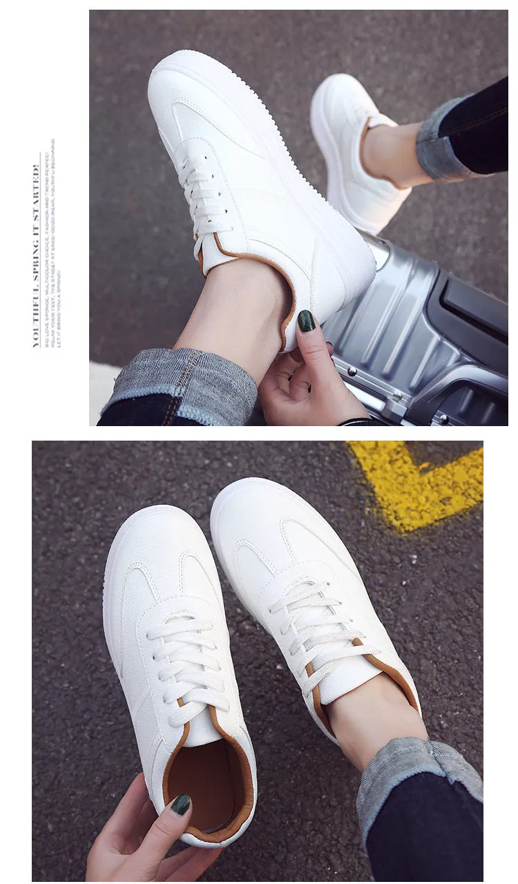 Women's White Flat Sneakers Outdoor Soft Lace Up Jogging Shoes for Student Split Leather Comfortable Women Chunky Sneaker