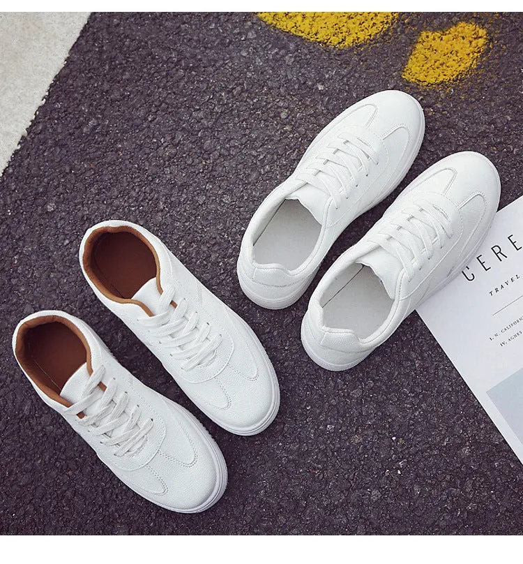 Women's White Flat Sneakers Outdoor Soft Lace Up Jogging Shoes for Student Split Leather Comfortable Women Chunky Sneaker